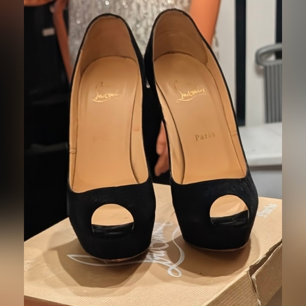 Christian Louboutin Black Suede Adrienne Peep Toe Heels - Picture 5 of 8